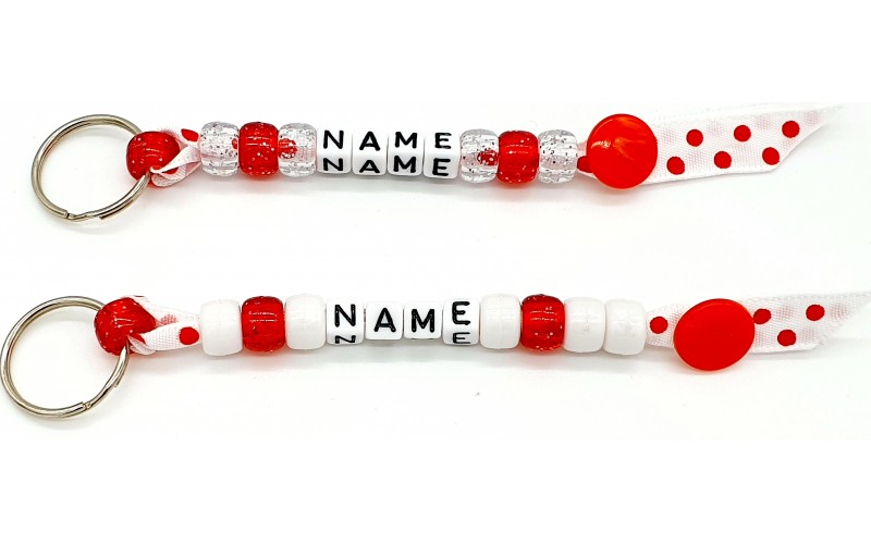 White red dots Handmade PERSONALISED Beaded keyrings